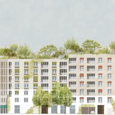 Rendering der genossenschaftlichen Wohnbebauung. Ansicht Ost.