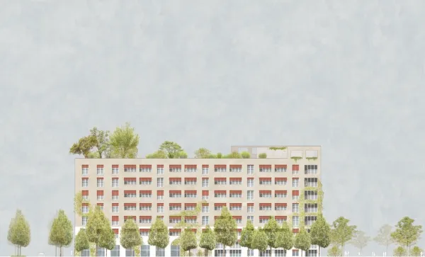 Rendering der genossenschaftlichen Wohnbebauung. Ansicht Süd.
