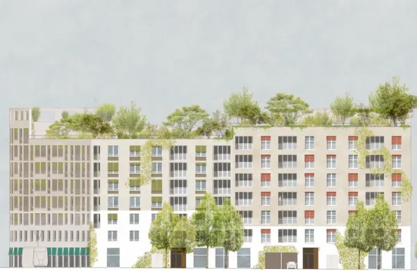 Rendering der genossenschaftlichen Wohnbebauung. Ansicht Ost.